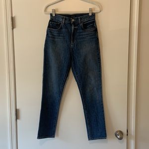 Joe’s Jeans super high- rise cigarette ankle jeans in blue denim. Size 27.